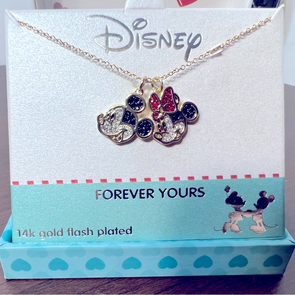 Disney Mickey & Minnie Silhouette 14K Gold Flash Plated "FOREVER YOURS" Necklace